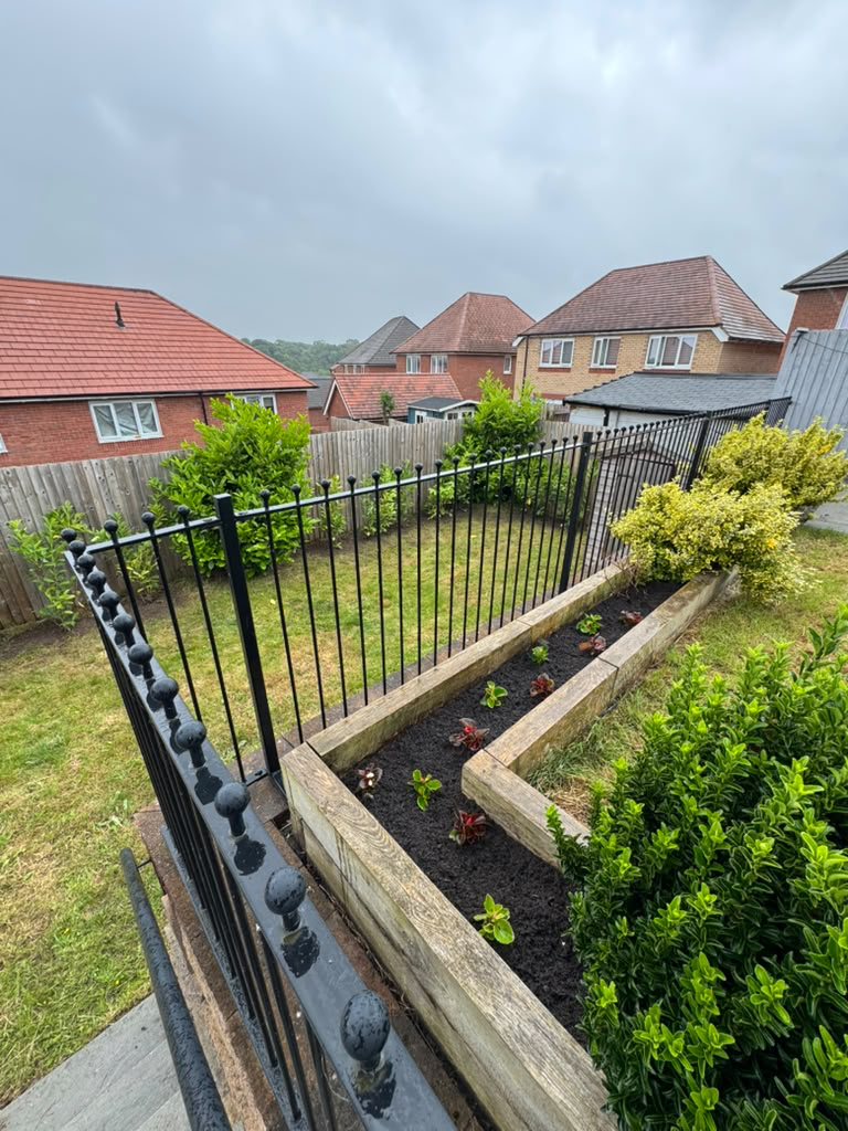 Newly built sleeper raised bed planted up beside a railed lawn